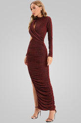 Sparkly Long Sleeve Ruched Cutout Split Formal Maxi Dress - Burgundy